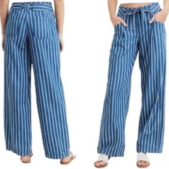 American Eagle Chambray Striped Wide Leg High Rise Ankle Pants Blue Wh… - Picture 2 of 15